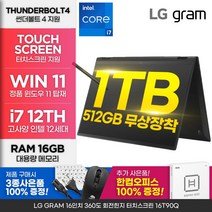 LG그램 16인치 17인치 12세대 인텔 i7 Win11 360도 터치스크린 터치펜포함 RAM 16GB NVMe 1TB 16:10 블랙 16T90Q-K.AAC7U1, 코어i7, 512GB, WIN11 Home