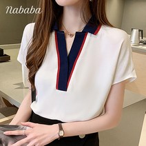나바바 NB480 여성 배색 브이넥 반팔 블라우스