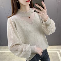 밀크봉봉 여성용 레이스 브이넥 긴팔티