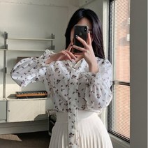 여성 봄 스트랩 플라워 패턴 블라우스 셔츠
