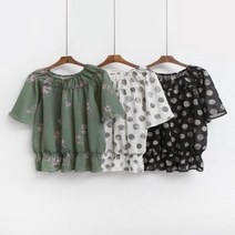 브이와이 여자 꽃무늬 도트 반팔 셔링 스모킹 쉬폰 블라우스