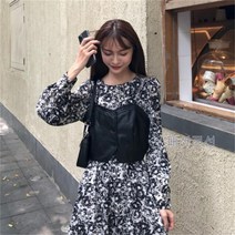 허리 꽃 쉬폰 원피스 가을 가죽 뷔스티에 조끼 세트