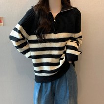 FANSYLI 집업 스트라이프 스웨터 여자 봄가을 폴라 니트 카디건 2A3