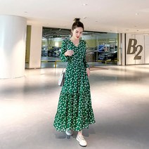 쉬폰 허리 스트링 롱원피스 뮤코 그린 리틀 데이지 빈티지 롱스커트 여 봄옷 기질 날씬해 보이는 눈