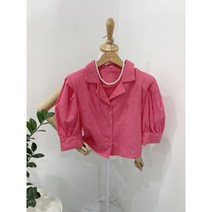 린넨 크롭 카라 브이넥 루즈핏 여성 여름 버튼 반팔 어깨 패드 볼륨 블라우스 4칼라