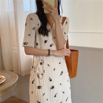블레스 로즈 플라워 엠보싱 랩 리본 롱 원피스 빅사이즈 임부