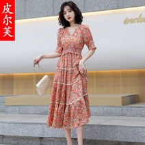 여름 비치 보헤미안 원피스 플라워 쉬폰 여 허리 여밈 날씬해 보이는 선녀 스커트 물결-99515
