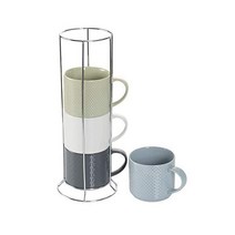 Hasense Stackable Porcelain 커피머그 4개 세트 15온스 메탈 스탠드, Multicolor_15.0 Fluid Ounces