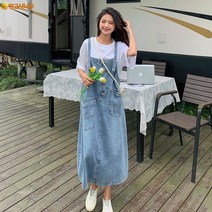Mangoxiniu 여성 춘하 데님원피스 빈티지 멜빵 스커트 학생 긴 캐주얼 스타일