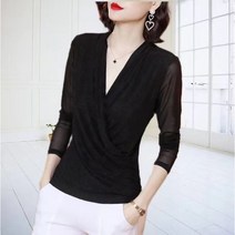 마켓에이 여성용 브이넥 랩 쉬폰 미시 긴팔 블라우스