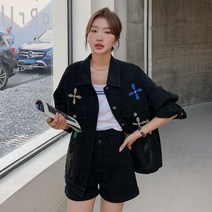 인플루언서 스트리트 블랙 데님 하프 코트 여성 봄가을 루즈핏 패션 자수 자켓 상의