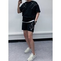 남녀공용 페인팅 오버핏 반팔티 4부 반바지 여름 트레이닝 세트 검정 회색