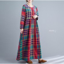 중년여성 40 50대 엄마옷 마담 빅사이즈 면 체크 배색 롱 원피스 데일리