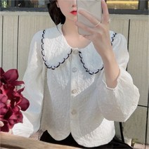 유이 플라워 라운드 프릴 카라 퍼프 소매 블라우스