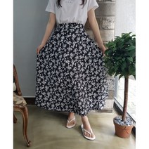 상상그이상 여성용 플라워 나염 후레아 스커트 허리 고무줄 밴딩 맥시 스커트 편안한 꾸안꾸 롱스커트 데이지꽃 환절기 우아한 여성스러운 플로럴 스커트