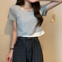 시티셔츠 사랑 네 닭볶음 슬림핏 디자인감각 보이핏 볼륨 스키니핏 반팔 상의 여성 IN 페이크투피스 2878587852