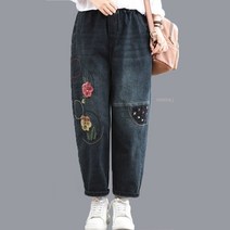 40 50대 중년여성의류 팬지꽃 자수 청 데님 밴딩 스판 바지 마담옷