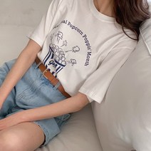 하루종일 루즈핏 팝콘 프린팅 코튼 반팔 티셔츠