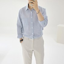 아도르클래식 블루 스트라이프 시어서커 캐주얼 오픈 카라 봄 여름 가을 긴팔 셔츠