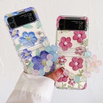 사은품/삼성 갤럭시Z플립4 Zflip4 F721 폴더블폰 플라워 일러스트 꽃 패턴 디자인 비즈 구슬 스트랩 투명 힌지보호 하드 케이스