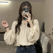 프릴 버튼 라운드 플레어 아일렛 블라우스 엠보 오브제 바스락 런던레이스 [당일출고]