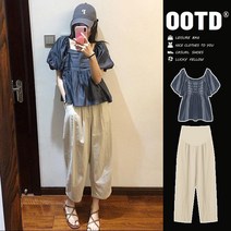 임부복 투피스 스퀘어넥 퍼프 소매 셔츠 와이드 8부 팬츠