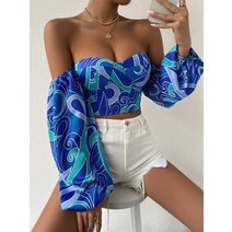 쉬인 올오버 프린트 오픈숄더 볼륨 소매 오프숄더 쇼트 톱