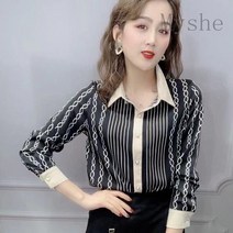 [Myshe]봄 패션 정장 스트라이프 블라우스 여성 쉬폰 블라우스 juan225D10