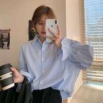 퐁순싸롱 오버핏 보라색 롱 셔츠 핑크 퍼프 면 블라우스 YJ