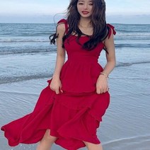 파티드레스 신제품 여성 드레스 세련된 기질 요정 스커트 슬리밍 슬링 보우 중간 길이 비치