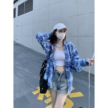 여성 블루 수술 긴팔 셔츠 봄 가을 타탄 체크 빈티지 탑 코트