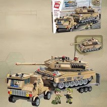 탱크 + 트럭 운반 수송 트레일러 블럭 군인 미니 피규어 포함 밀리터리 군장비 장난감, 1세트