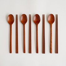 트래블앤쿡 수제 천연 옻칠 우드 숟가락 젓가락 4인 수저세트, 어른 4인세트