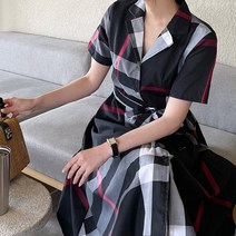 오키 여성 체크 허리끈 셔츠 브이넥 롱 원피스