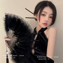 탈춤 대나무 화려한 부채춤 부채 학예회 입시 한국무용 판소리 운동회 한복 창작 연습용, 깃털 부채【블랙】