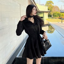 고급 프렌치 플리츠 허리 조임 퍼프 소매 수입 미니 원피스 블랙 명품 스타일 플로라 러플 슬리브