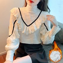 JUSTFEELING 70kg까지 빅사이즈 여성 기모 프릴 목넥 레이스 흰색 블라우스 티 셔츠