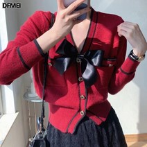 가을 겨울 트렌드 면 캐시미어 크리스마스 리본 브이넥 매치 날씬해 보이는 여성 니트 카디건