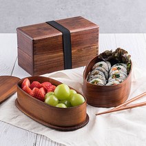 2단 나무도시락 타원형 직장인 피크닉도시락, 1개