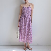 햅번홀리데이 라일락 페이즐리 홀터넥 백리스 뒷트임 휴양지 롱비치원피스 호캉스 신혼여행
