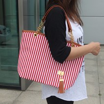 스트라이프 체인 숄더 토트백 캔버스 빅사이즈 쇼퍼백 에코백 캐주얼 토드백