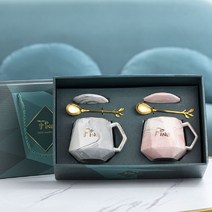 Fine 다이아몬드 세라믹 커플 머그컵 선물 세트 티스푼 포함, 2개입, 그레이, 핑크
