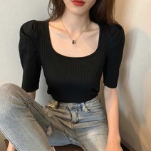 오피스출퇴근룩 여성나들이룩 데일리룩 여름 여자대쇼핑몰 벌룬 여자상의 얇은 여자의류사이트 퍼프소매 반팔티 여자데이트룩 코디 외출 골지 정장룩이너 여자출근룩패션 모임 스퀘어넥 니트