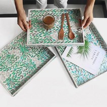 북유럽 직사각형 그린 보테니컬 자개 디저트 트레이 쟁반, 대형