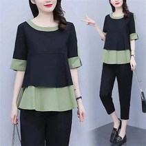Daegu TZ040327 여성투피스 블라우스 + 여성바지 블라우스 반팔티 여성티셔츠 여자바지 여성세트 빅사이즈