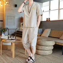리넨티셔츠 반팔 룩 남자 여름 브이넥 흐름 자수 단추 중국전통의상 면 마 팬츠 1 코디 333001382