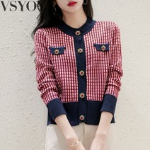 VSYOY14모던 체크 잔향 니트 가디건 봄 여성복 상의 숏 니트 코트