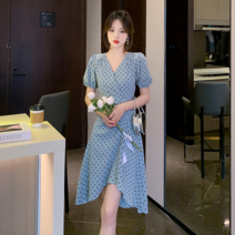 프렌치 엘레강스 시보리 땡땡이 원피스 여름 여 빈티지 퍼프소매 브이넥 조거 숏치마