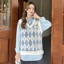 Studyofslag 나이를 줄이는 v-neck 체크 무늬 스웨터 양복 조끼 여학생 느슨한 슬림 학술 스타일 민소매 니트 조끼의 한국어 버전
