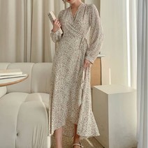 여성 봄 플라워 언발 랩 롱 원피스 드레스